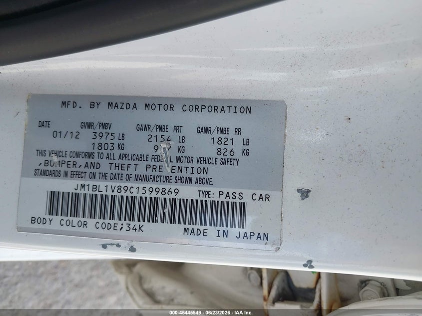 2012 Mazda Mazda3 I Touring VIN: JM1BL1V89C1599869 Lot: 45445549