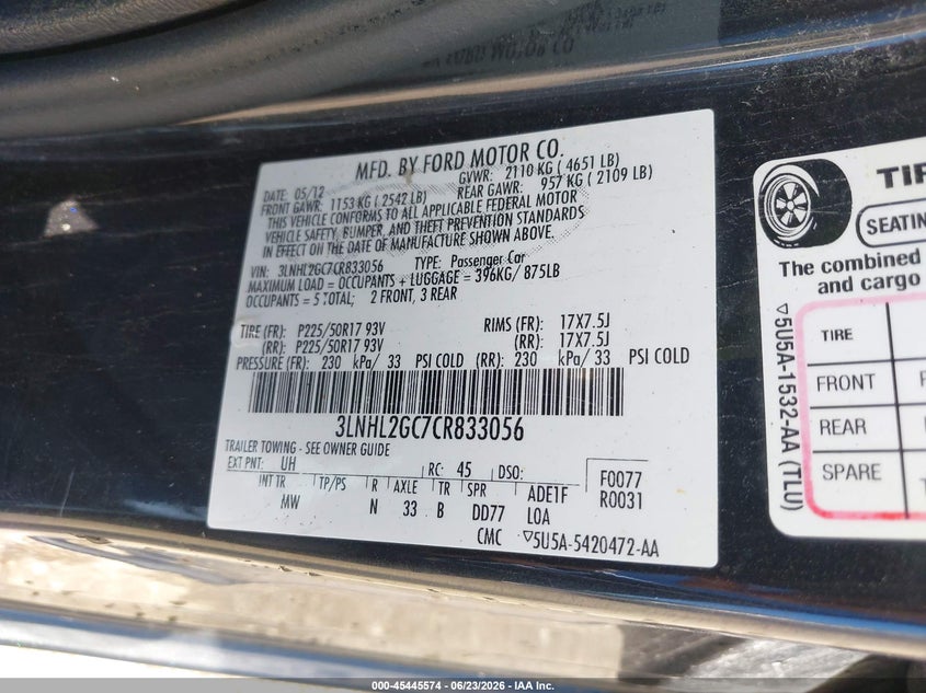 2012 Lincoln Mkz VIN: 3LNHL2GC7CR833056 Lot: 45445574