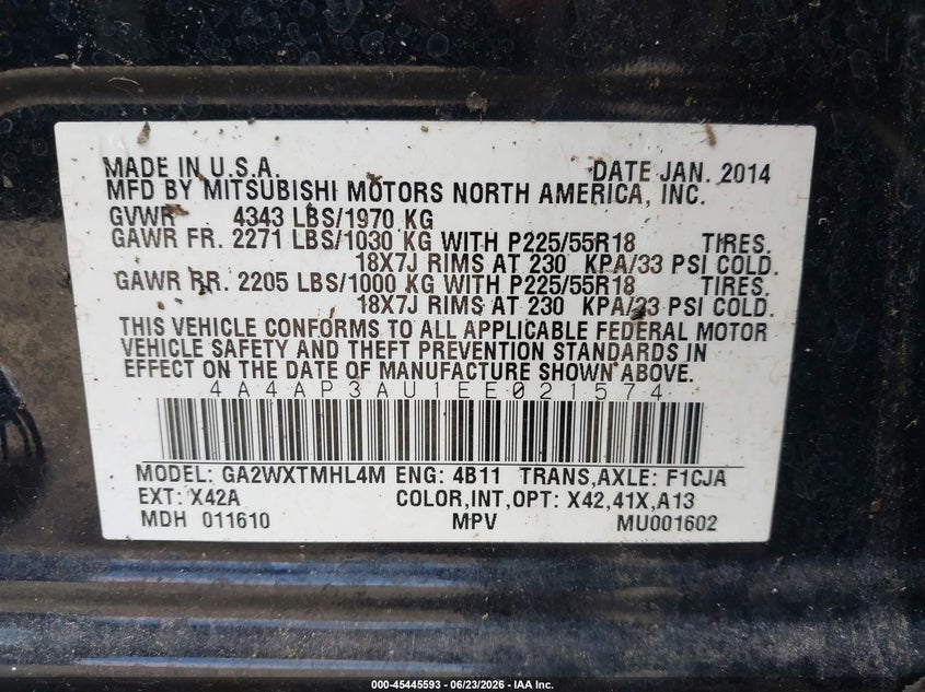 2014 Mitsubishi Outlander Sport Es VIN: 4A4AP3AU1EE021574 Lot: 45445593