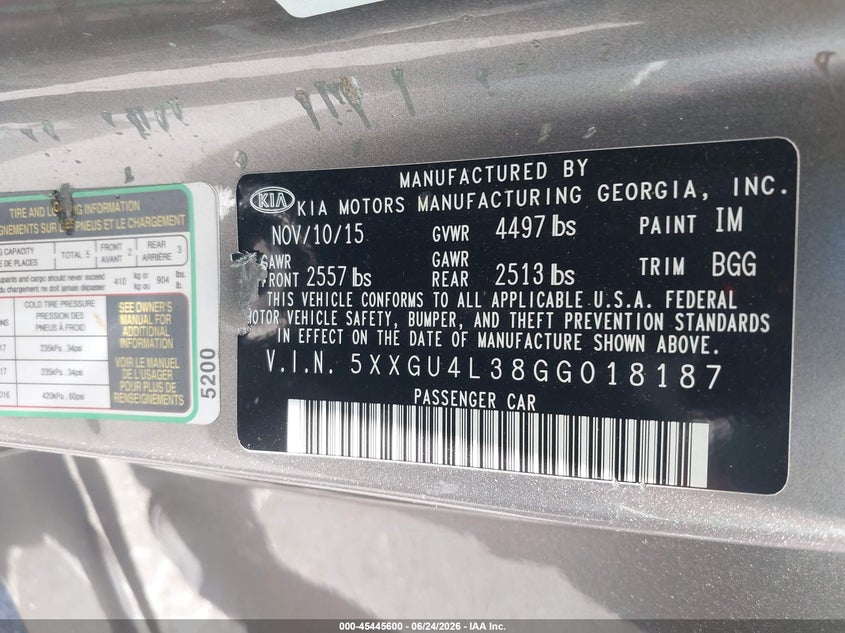 2016 KIA OPTIMA SEDAN 2.4L I-4 DI, DOHC, VVT, 185HP