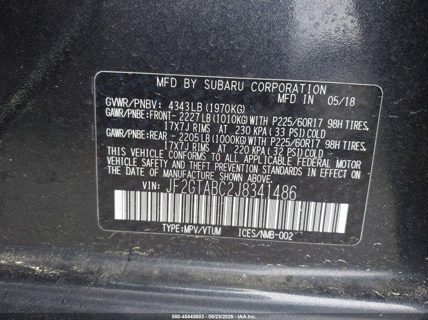 2018 Subaru Crosstrek 2.0I Premium VIN: JF2GTABC2J8341486 Lot: 45445603