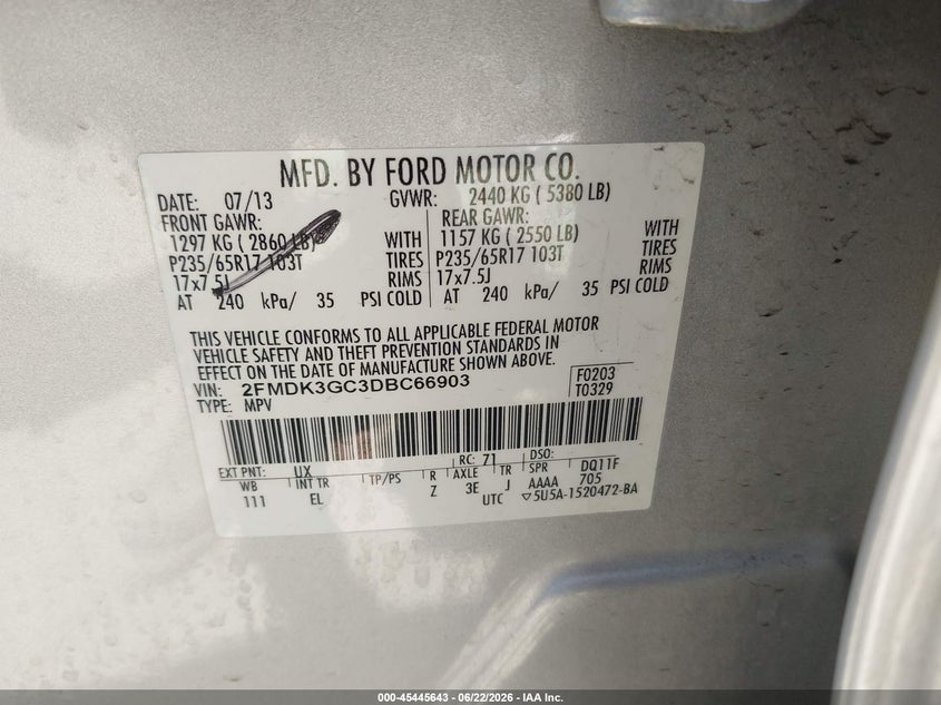 2013 Ford Edge Se VIN: 2FMDK3GC3DBC66903 Lot: 45445643