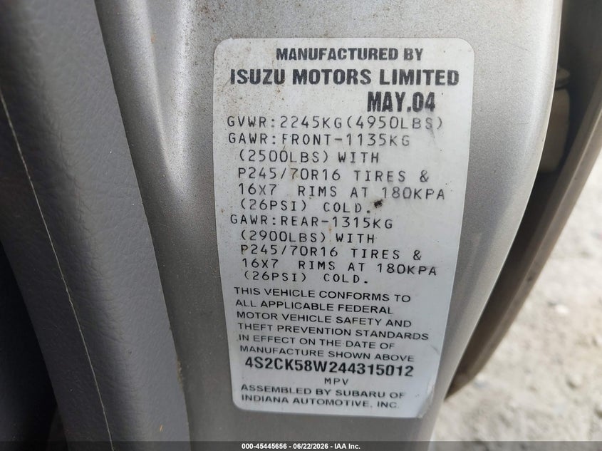 2004 Isuzu Rodeo S 3.2L V6 VIN: 4S2CK58W244315012 Lot: 45445656