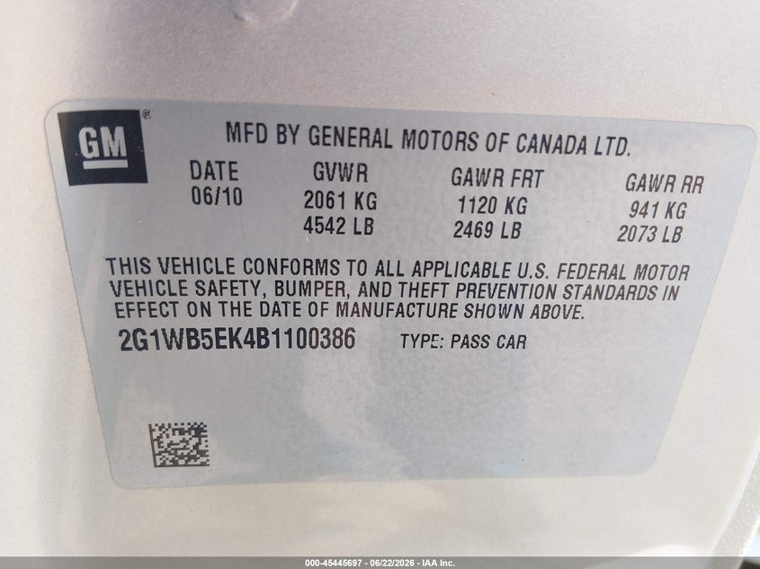 2011 Chevrolet Impala Lt VIN: 2G1WB5EK4B1100386 Lot: 45445697