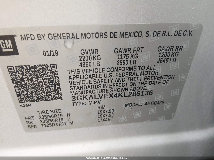 2019 GMC Terrain Slt VIN: 3GKALVEX4KL286136 Lot: 45445712