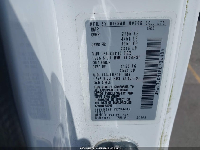 2015 Nissan Nv200 S VIN: 3N6CM0KN1FK736485 Lot: 45445784