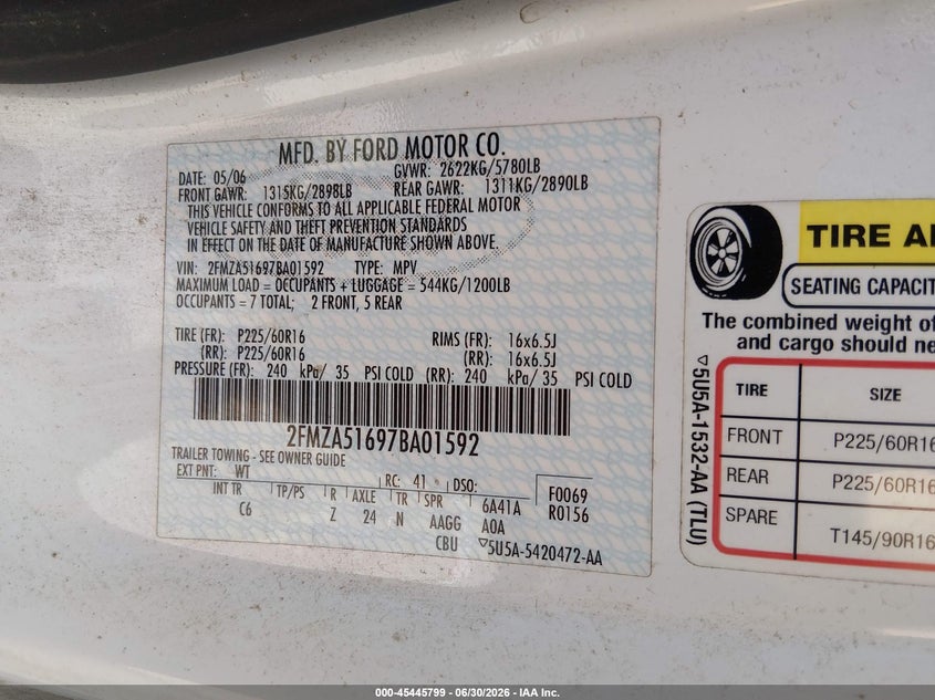 2007 Ford Freestar Se VIN: 2FMZA51697BA01592 Lot: 45445799