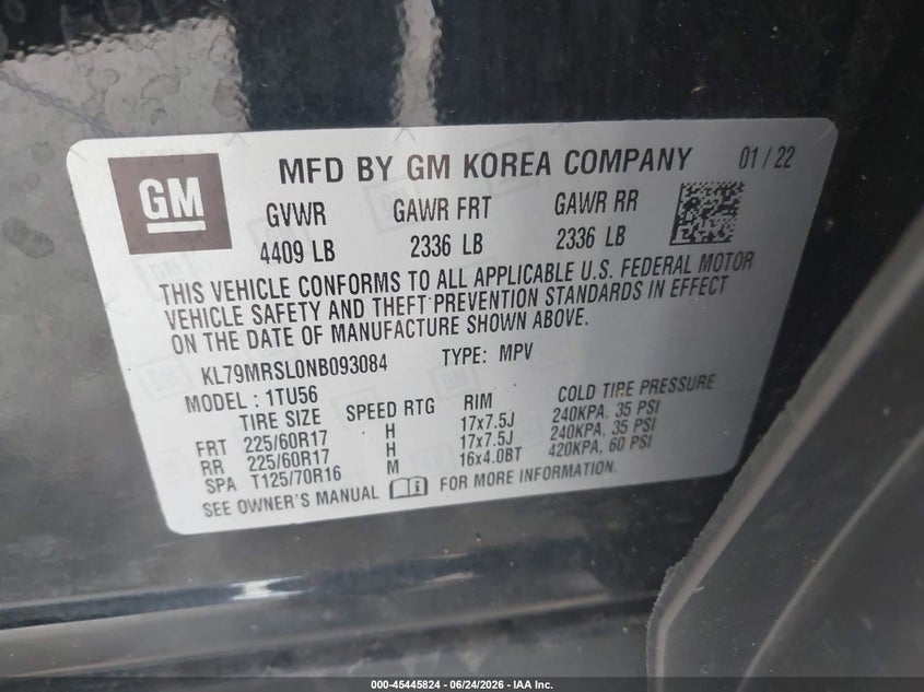 2022 Chevrolet Trailblazer Awd Lt VIN: KL79MRSL0NB093084 Lot: 45445824