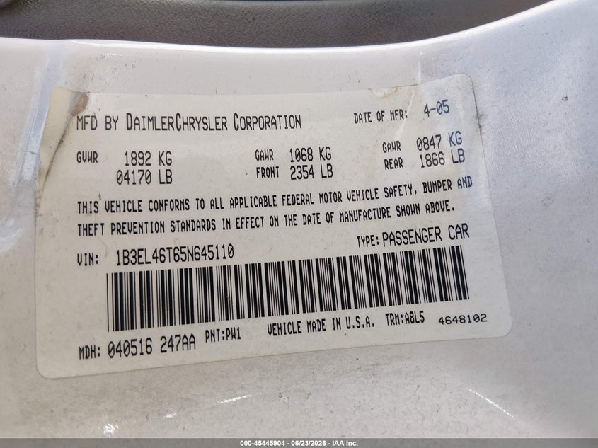 2005 DODGE STRATUS SEDAN 2.7L V-6 DOHC, 200HP