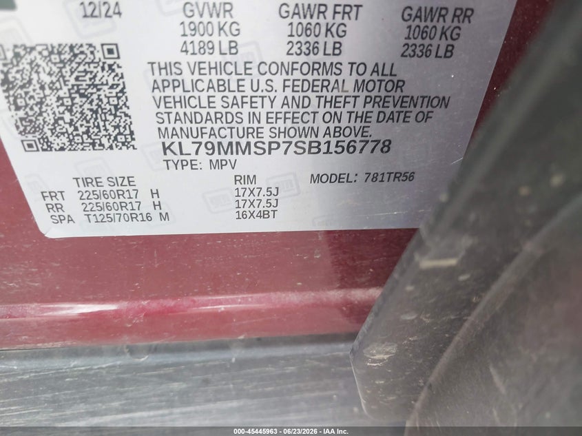 2025 Chevrolet Trailblazer Fwd Ls VIN: KL79MMSP7SB156778 Lot: 45445963