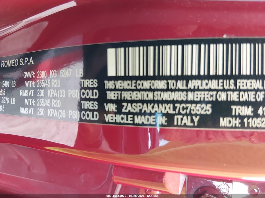 2020 Alfa Romeo Stelvio Sport Awd VIN: ZASPAKANXL7C75525 Lot: 45445972