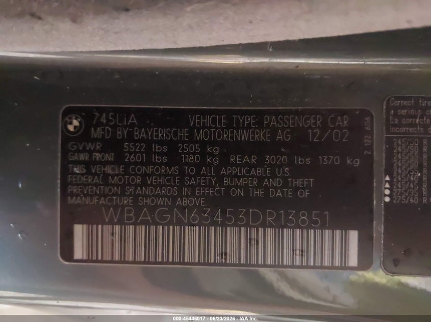 2003 BMW 7 Series 745Li VIN: WBAGN63453DR13851 Lot: 45446017