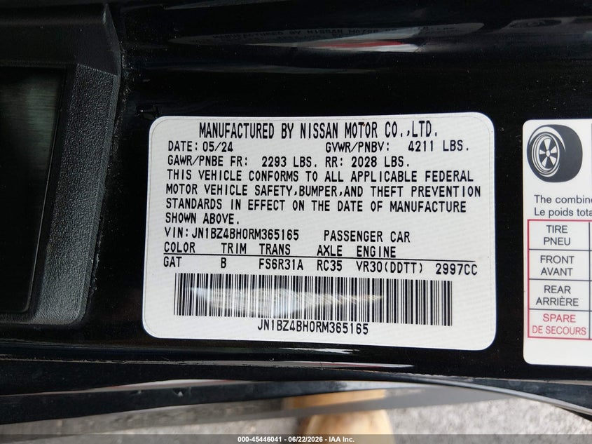 2024 Nissan Z Performance Manual VIN: JN1BZ4BH0RM365165 Lot: 45446041