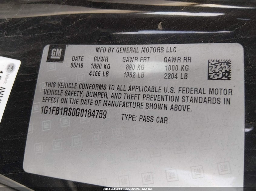 CHEVROLET CAMARO 2016 VIN 1G1FB1RS0G0184759