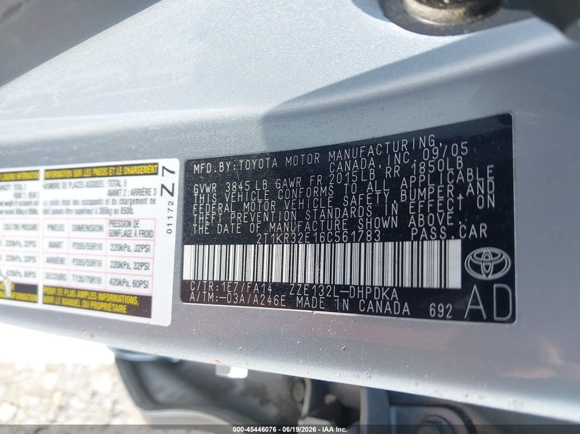 2006 Toyota Matrix VIN: 2T1KR32E16C561783 Lot: 45446076