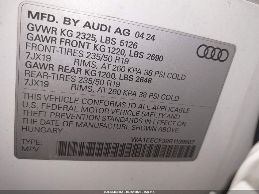 2024 Audi Q3 Premium Plus 45 Tfsi S Line Quattro Tiptronic VIN: WA1EECF39R1139507 Lot: 45446151