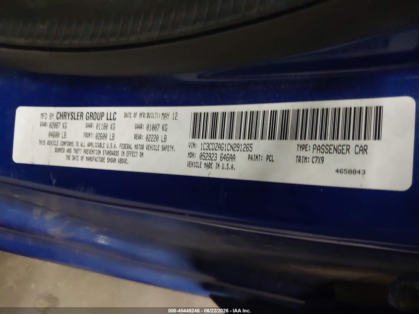 2012 Dodge Avenger Se VIN: 1C3CDZAG1CN291265 Lot: 45446246