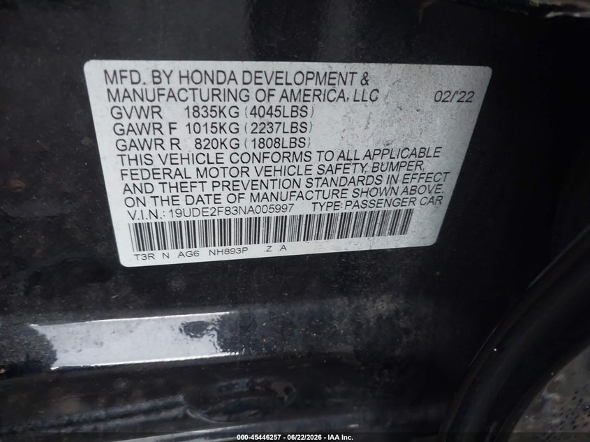 ACURA ILX 2022 VIN 19UDE2F83NA005997