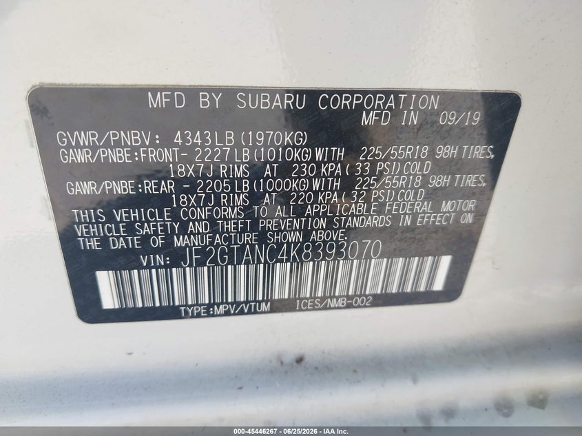 2019 SUBARU XV SPORT UTILITY VEHICLE 2.0L H-4 DI, DOHC, VVT, 152HP
