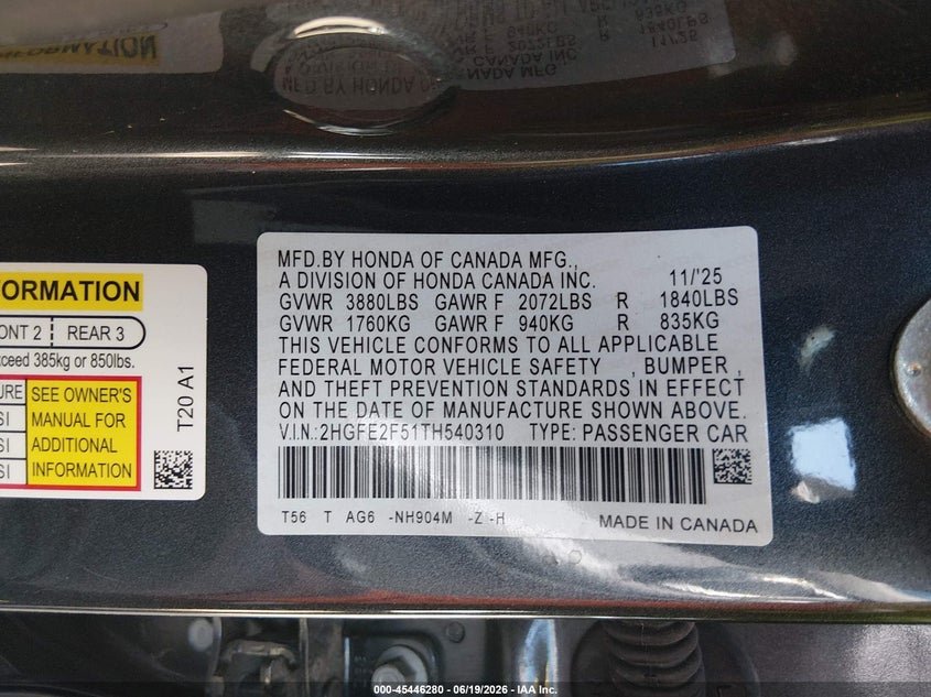 2026 HONDA CIVIC SEDAN 2.0L I-4 DI, DOHC, VVT, 150HP