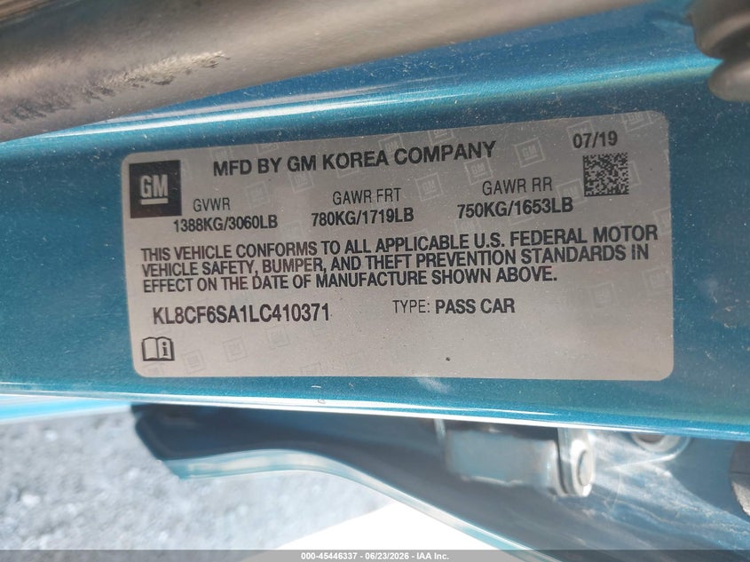 2020 Chevrolet Spark Fwd 2Lt Automatic VIN: KL8CF6SA1LC410371 Lot: 45446337