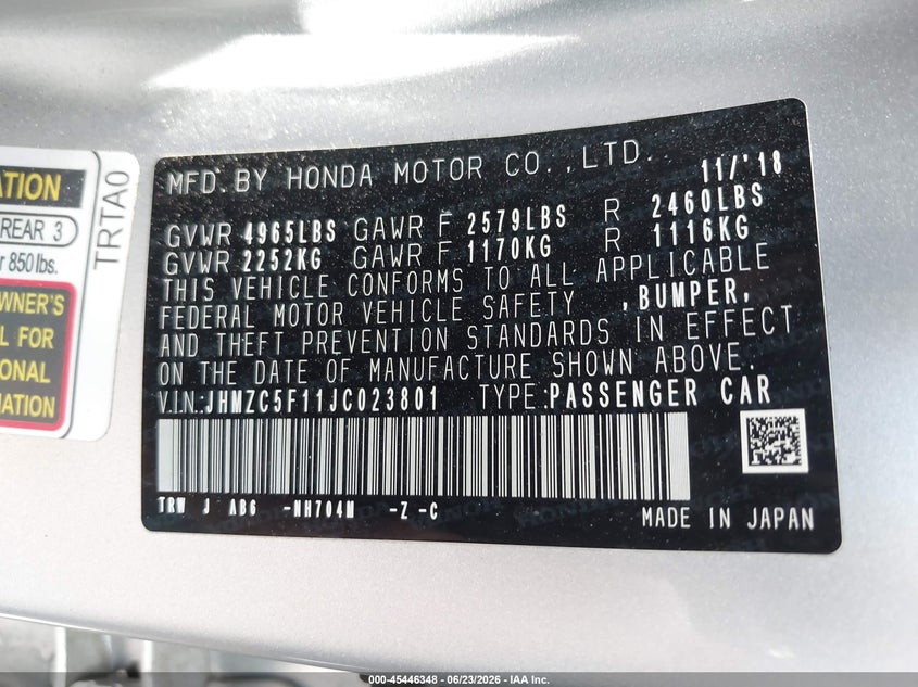 2018 Honda Clarity Plug-In Hybrid VIN: JHMZC5F11JC023801 Lot: 45446348