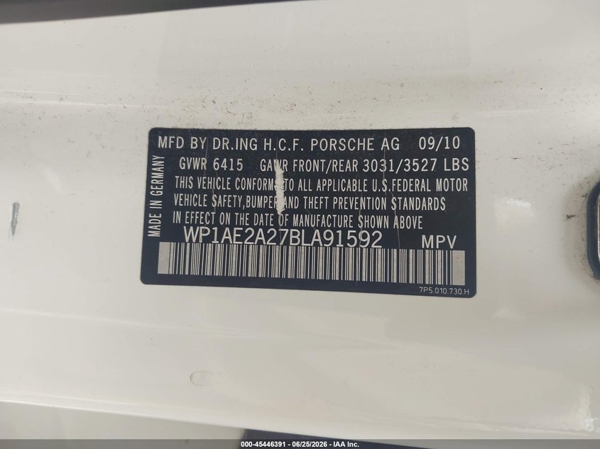 2011 Porsche Cayenne Hybrid S VIN: WP1AE2A27BLA91592 Lot: 45446391