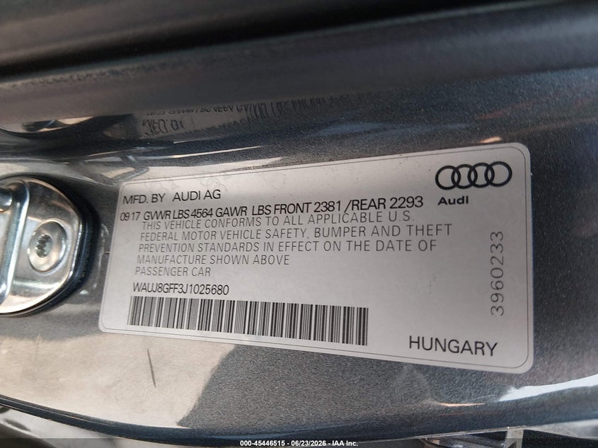 2018 Audi A3 2.0T Premium/2.0T Tech Premium VIN: WAUJ8GFF3J1025680 Lot: 45446515