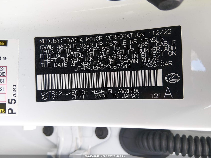 2023 Lexus Ux 250H F Sport Design VIN: JTHB9JBH8P2067644 Lot: 45446521
