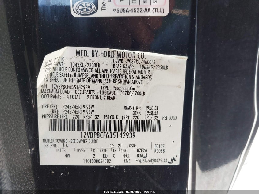 2011 FORD MUSTANG COUPE 5.0L V-8 DOHC, VVT, 412HP