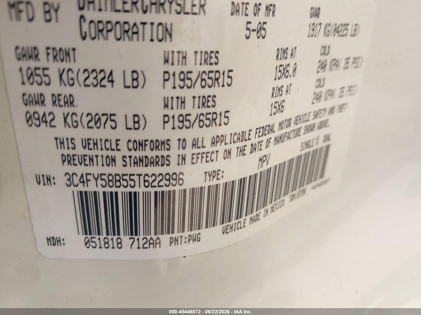 2005 Chrysler Pt Cruiser Touring VIN: 3C4FY58B55T622996 Lot: 45446572