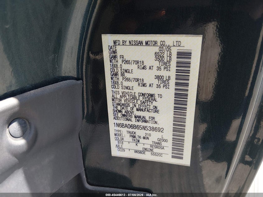 NISSAN TITAN 2005 VIN 1N6BA06B65N538692