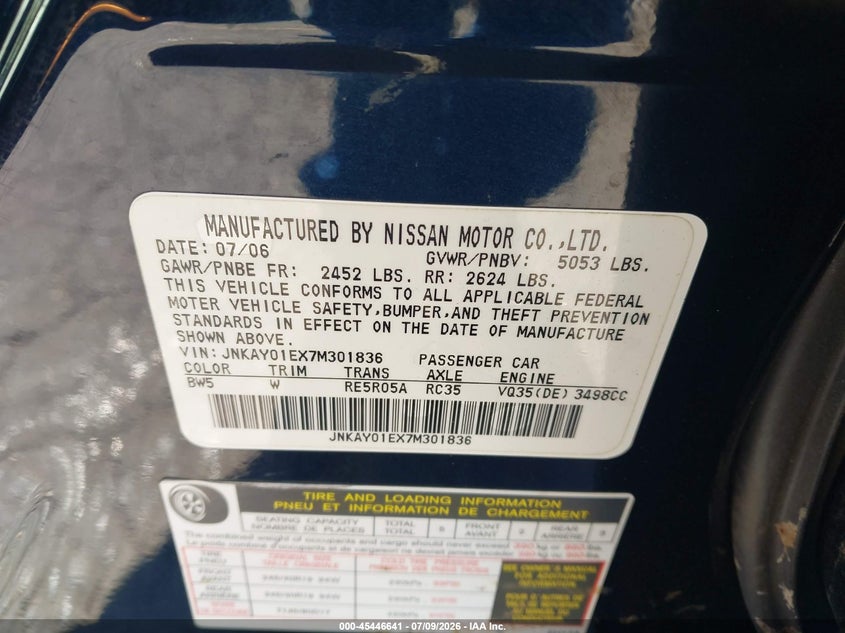 2007 Infiniti M35 Sport VIN: JNKAY01EX7M301836 Lot: 45446641