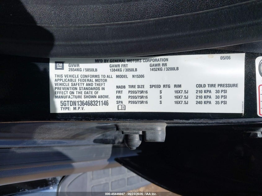 2006 Hummer H3 Suv VIN: 5GTDN136468321146 Lot: 45446667