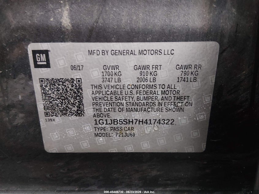 2017 Chevrolet Sonic Ls Auto VIN: 1G1JB5SH7H4174322 Lot: 45446730