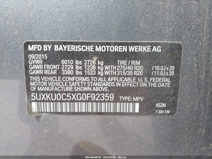 2016 BMW X6 Sdrive35I VIN: 5UXKU0C5XG0F92359 Lot: 45446748