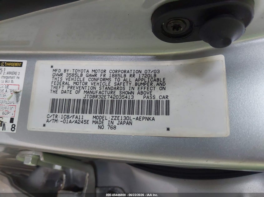 TOYOTA COROLLA 2004 VIN JTDBR32E742035413