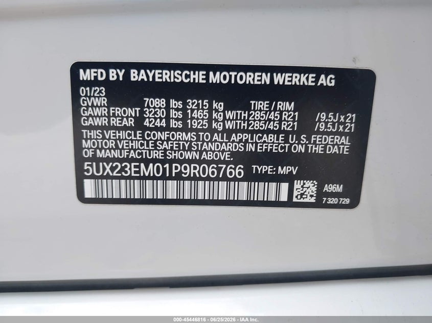 2023 BMW X7 xDrive40I VIN: 5UX23EM01P9R06766 Lot: 45446816