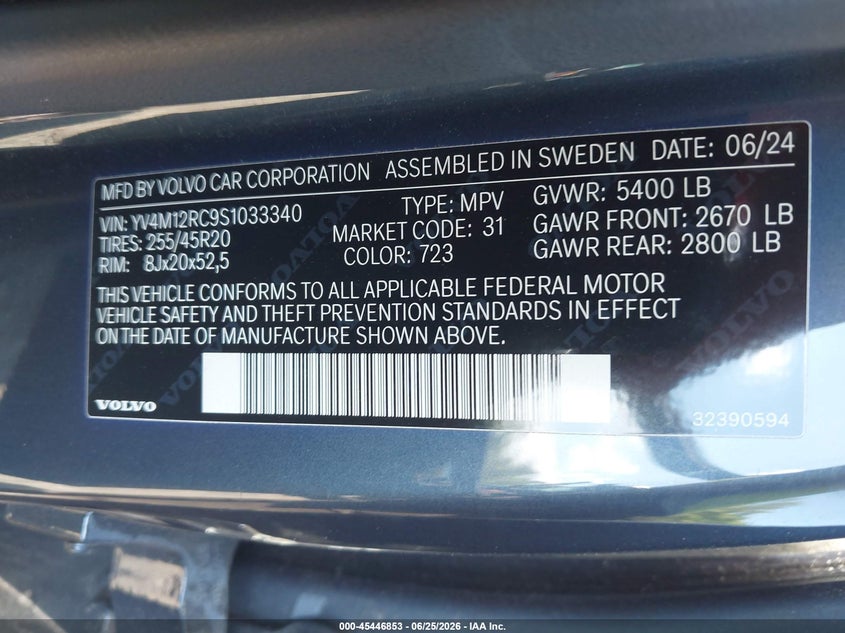VOLVO XC60 2025 VIN YV4M12RC9S1033340