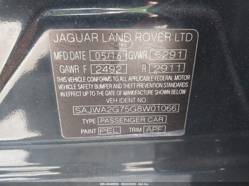 2016 Jaguar Xj Xjl Portfolio VIN: SAJWA2G75G8W01066 Lot: 45446956
