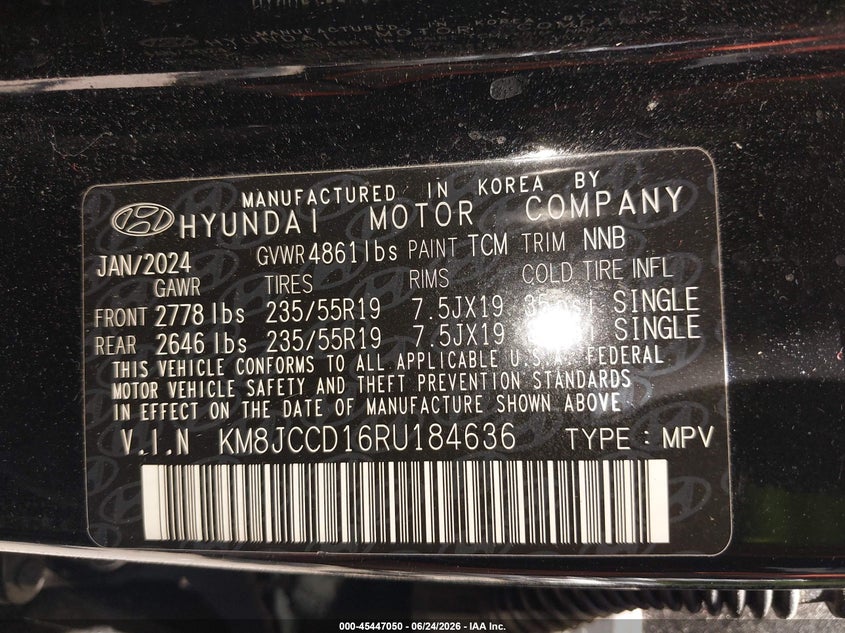 HYUNDAI TUCSON HYBRID 2024 VIN KM8JCCD16RU184636