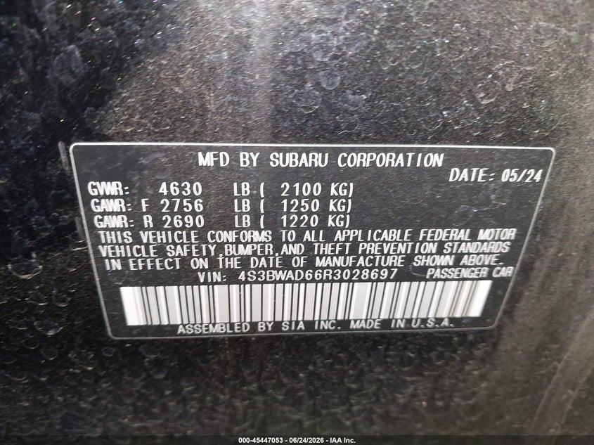 SUBARU LEGACY 2024 VIN 4S3BWAD66R3028697