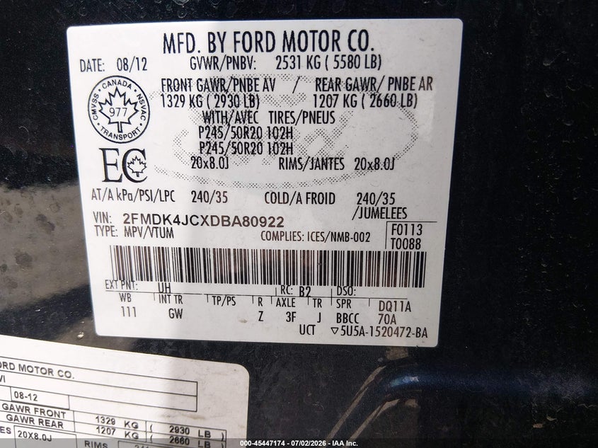 FORD EDGE 2013 VIN 2FMDK4JCXDBA80922