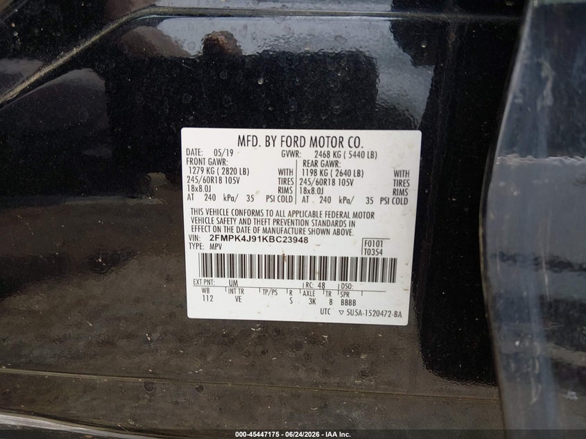 FORD EDGE 2019 VIN 2FMPK4J91KBC23948