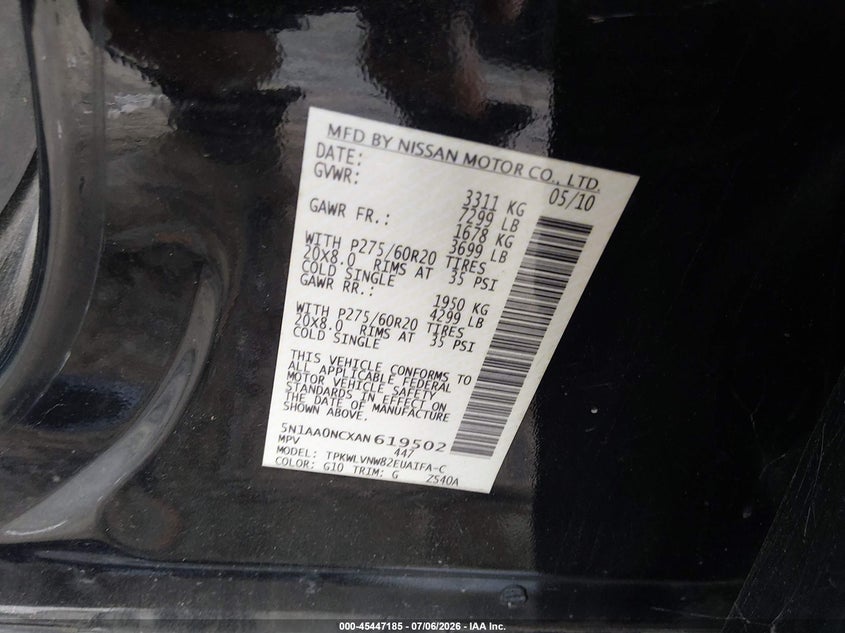 2010 Nissan Armada Platinum VIN: 5N1AA0NCXAN619502 Lot: 45447185