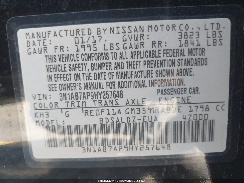 2017 NISSAN SENTRA SEDAN 1.8L I-4 DOHC, VVT, 124HP