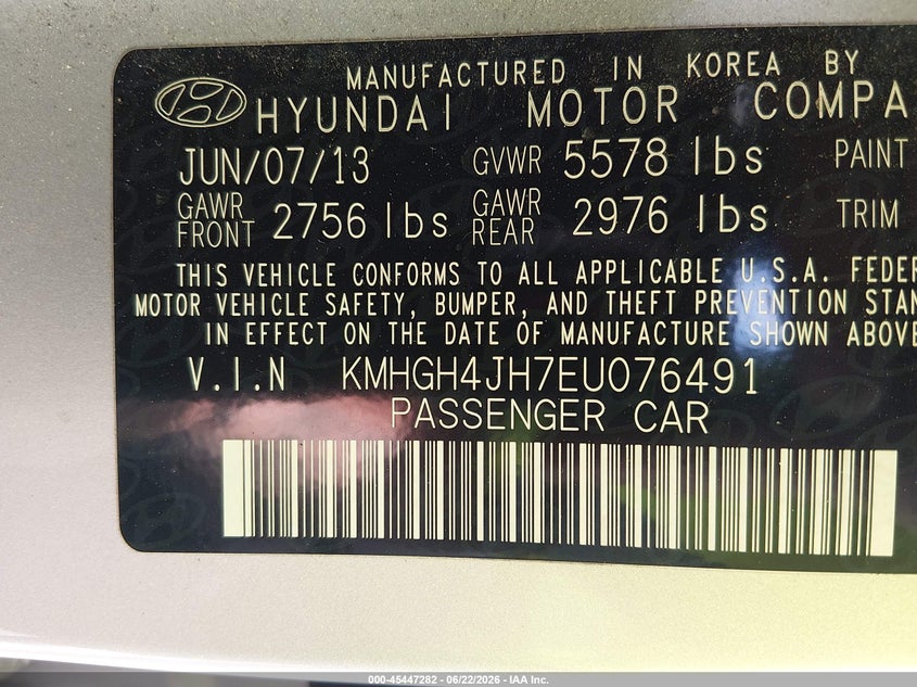2014 Hyundai Equus Signature VIN: KMHGH4JH7EU076491 Lot: 45447282
