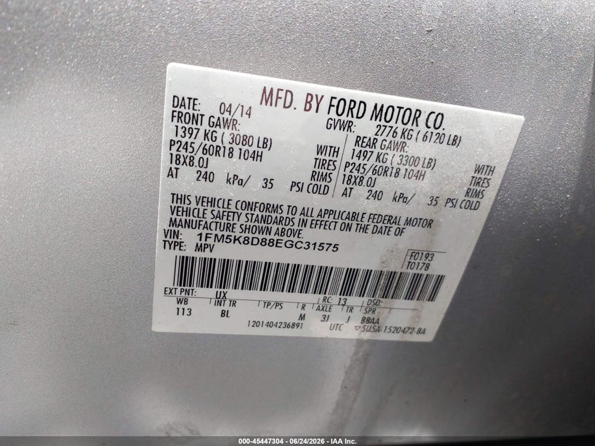 FORD EXPLORER 2014 VIN 1FM5K8D88EGC31575