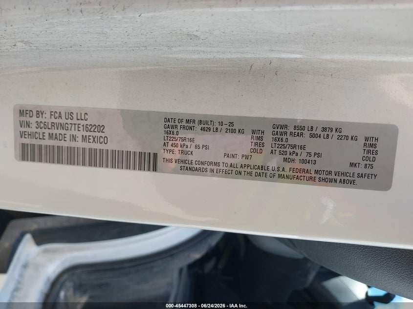 2026 Ram Promaster 1500 Tradesman Low Roof 118 Wb W/Pass Seat VIN: 3C6LRVNG7TE162202 Lot: 45447308