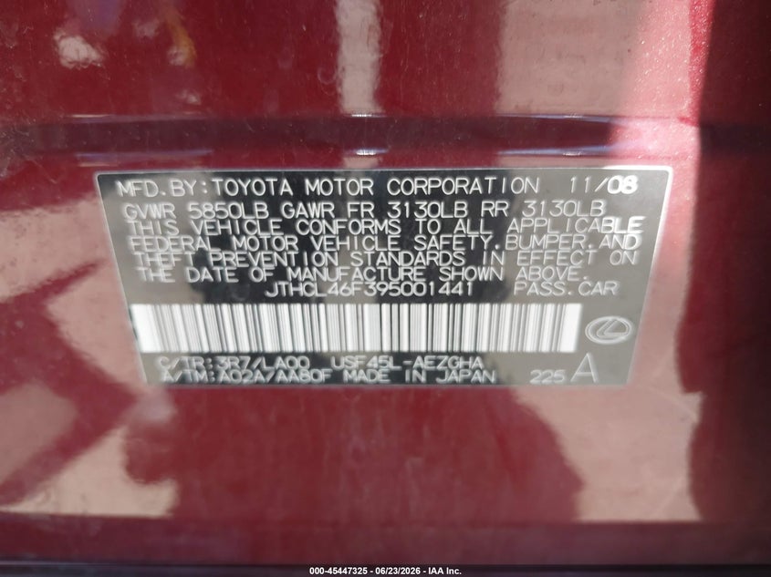 2009 Lexus Ls 460 VIN: JTHCL46F395001441 Lot: 45447325